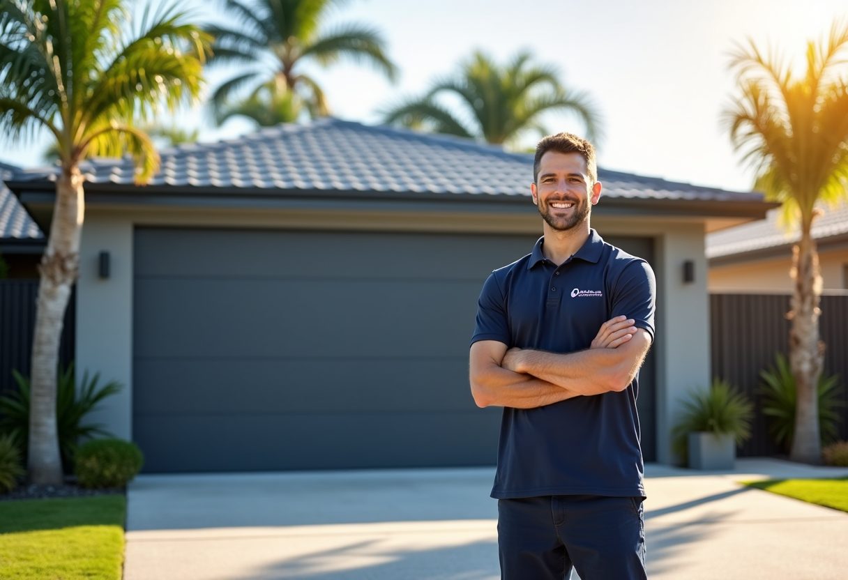 Technician beside a newly installed sectional garage door — Coorparoo